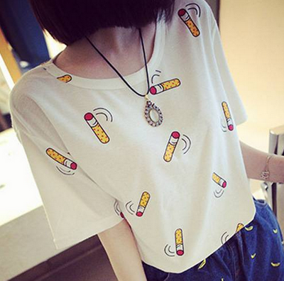 M-2XL Size Cartoon Cigarette Butts Pattern Summer Casual Round Neck Short Sleeves T-Shirt for Female 
