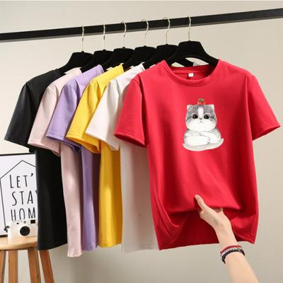 Women's Chic Casual T-shirt Short Sleeve Crewneck Cute Cat Print - Red, Pink, Yellow, Purple, White