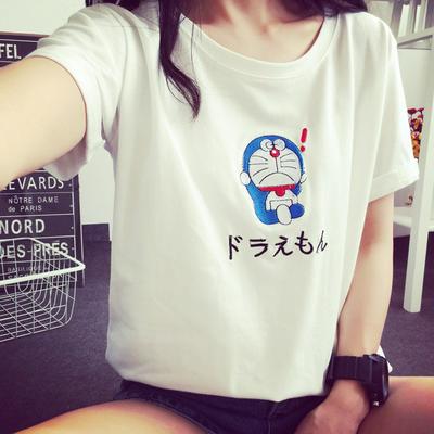 Women's Short-sleeve Top Simple Round Neckline T-shirt with Cartoon Print