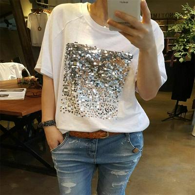 Women's Sequins T-shirt Summer Fashion O-neck Short-sleeve Tees Tops 