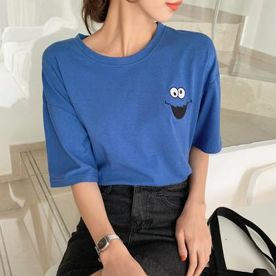 Blue Red Yellow Embroidery T-shirt Women's Short Sleeved Summer Loose Half-sleeved Street Shoting Hip Hop Tops