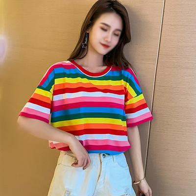 Women's Rainbow T-shirt Crew Neck Short Sleeve Loose Tee
