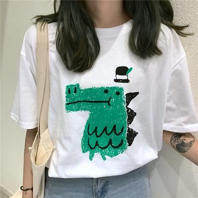 M-2XL Size Korean Students Girls Summer Print Cartoon Cute Small Dinosaur Pattern Short Sleeve Fashion O-Neck Loose T-Shirt Top