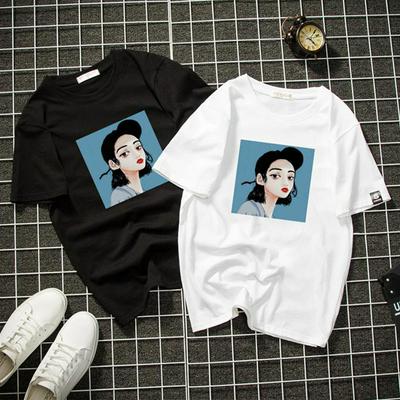 M-3XL Size Harajuku Style Summer Print Cartoon Girl Pattern Couple Short Sleeve Fashion O-Neck Loose T-Shirt 