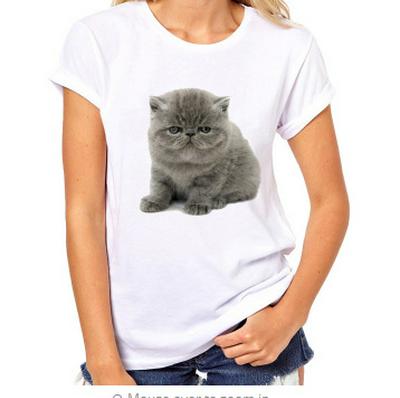 Women's Casual Crewneck T-shrit Printed with Picture of Fat Furry Cat