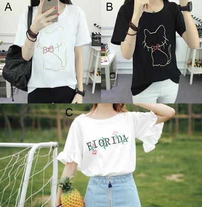 Embroidery Women's Short-sleeved T-shirt Female Loose Student Tops