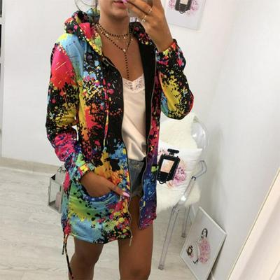 Women's Fashionable Watercolor Jacket Casual Multicolored Thigh-length Hoodie