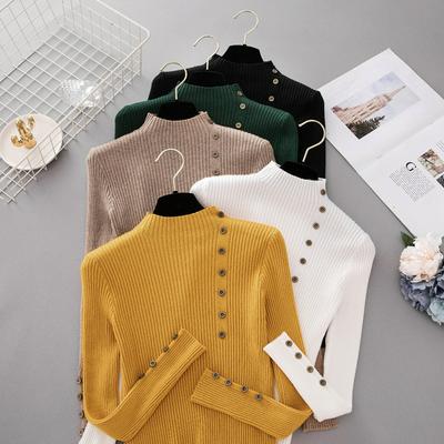 Women's Stylsih Knitted Sweater Plain Pullover Top with Decorative Buttons on Sleeves