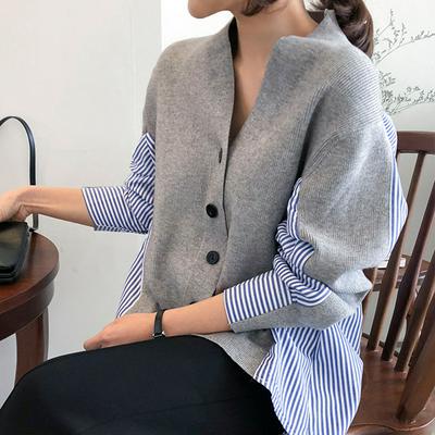 Women's Patchwork Sweater Striped Shirt and Casual Cardigan