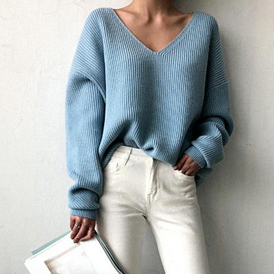 Women's V-ncek Knitted Sweater Plain Casual Loose Pullover Top for Autumn and Winter