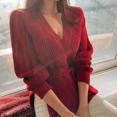 Women's Stylish V-neck Sweater Casual Plain Knitted Top with Side Splits and Waist Strap