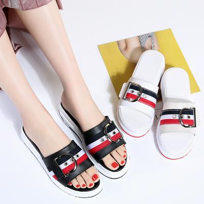 33-40 Yard Korean Version Cowhide Sponge Cake With Thick Bottom Stitching Color Belt Buckle Woven Belt Female Slippers