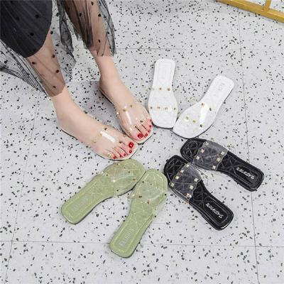 The New Summer Diamond Fashion Transparent Sandals One-font Type Flat Slippers for Women