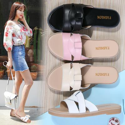 35-40 Yard Simple Fish Mouth Flat Bottom Genuine Leather Female Mon-Slip Lightweight One-Word Slippers