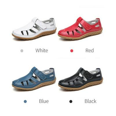 Women Gladiator Sandals Genuine Leather Hollow Flat Heel Sandals Ladies Casual Soft Bottom 