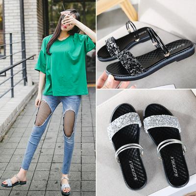 35-40 Yard Dual Use Dual Use Genuine Leather Round Head Rhinestone Non-Slip Lightweight Women's Flat Sandals 