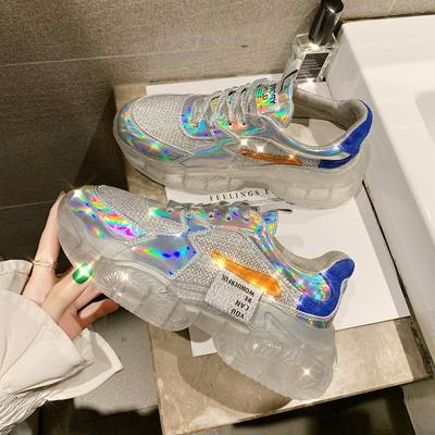 Women's Shiny Sneakers Holographic Lace Up Shoes with Transparent Flat Sole