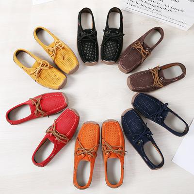 35-42 Yard Spring Summer Women Genuine Leather Hollow Out Leisure Lace Loafers Breathable Single Shoes