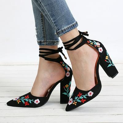 Women's Flower Embroidered High Heel Ladies Thick Heels Black Shoes for Female's High Heels Shoes