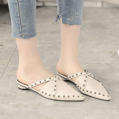 Fashion Lazy People Wear Low Heel Women Pointed Rivets Flat Bottom Half Slippers Single Shoes 