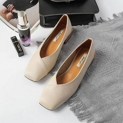 35-39 Yard Spring Fashion Retro Solid Color Square Head Ladies Casual Shallow Mouth Flat Thick Heel Slip-On Single Shoes