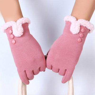 C Style Solid Color Women Winter Thick Windproof Warm-Keeping Lace Fleece Button Full Fingers Touch Screen Gloves for Outdoor Riding Shopping Camping Casual Use