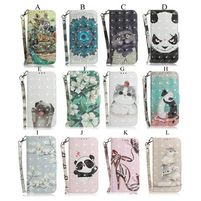 3D Plum Cat Panda Orchid Colored Painting PU Leather + Soft TPU with Strap Card Slots Stand Wallet Protective Case for Huawei nova 5i / P20 Lite 2019