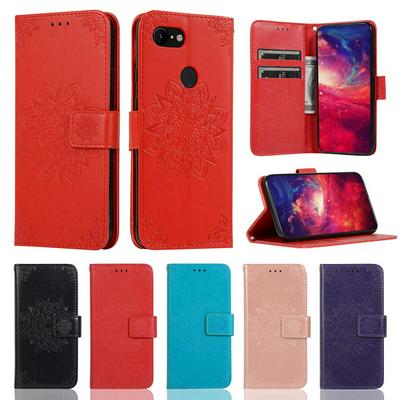 Embossed Wallet Case for Google Pixel 3 XL, Plain Leather Coated Phone Cover with Hidden Kickstand and Lanyard