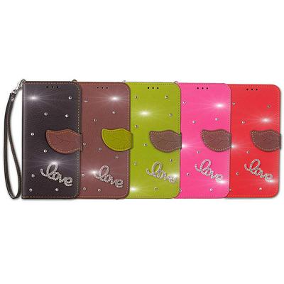 Love Diamond Studded Wrist Strap PU Leather + Soft TPU Card Holder with Leaf Magnetic Buckle and Stand Support Wallet Case for Samsung Galaxy Note 9 