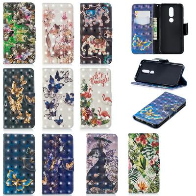 3D Bright Colored Painting PU Leather + Soft TPU Wrist Strap with Wallet Stand and Card Holder Slots Protective Cover Case for Nokia 7.1 