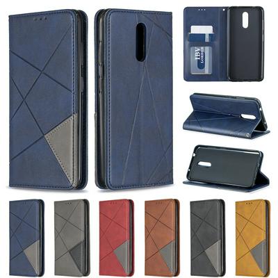 Nokia 3.2 PU+TPU Clamshell Phone Case Geometric Mosaic Pattern Retro Simple Solid Color Style Leather Phone Case