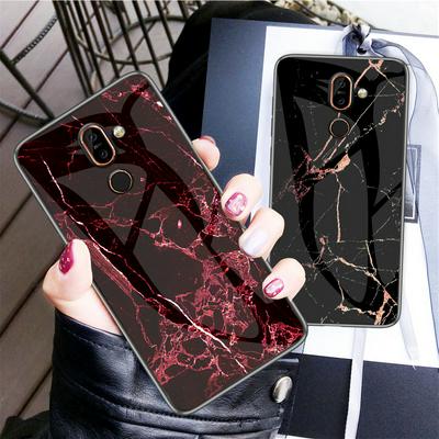 Colored Painting Marble Pattern Anti-scratch Tempered Glass Back Cover Protecting Hard Case for Nokia 7 Plus