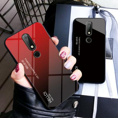 Luxury Gradient Bicolor 9H Explosion-Proof Anti-Scratch Tempered Glass Back + Soft TPU Bumper Frame Support Wireless Charging Back Cover Case for Nokia 6.1 Plus / X6