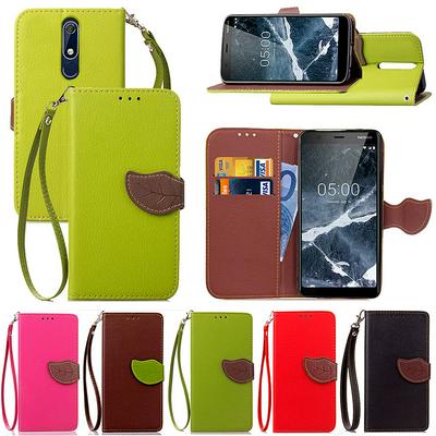 Wrist Strap PU Leather + Soft TPU Card Holder with Leaf Magnetic Buckle and Stand Support Wallet Case for Nokia 5.1