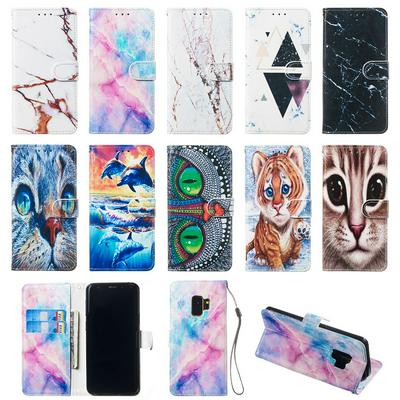 Colored Cat Tiger Owl Dolphin Pattern PU Leather + Soft TPU Card Slots with Stand Wallet Protective Case for Samsung Galaxy S9