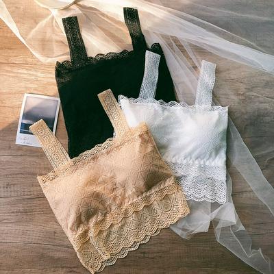 Women's Padded Lace Bra Breathable Bandeau Bra with See-through Ruffle