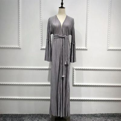 Elegant Muslim Pleated Abaya Tunic Dress Flare Sleeve Cardigan Robe Arabic Islamic 