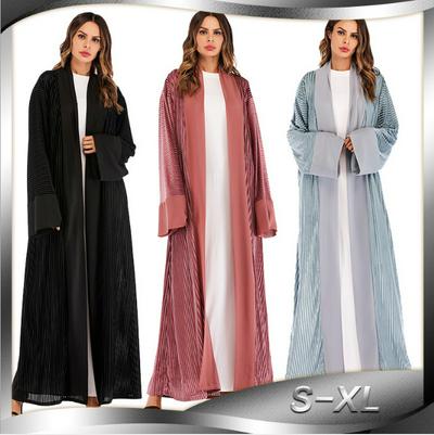 1671 S-XL Size Loose Muslim Winter Gold Velvet Stitching Pleated Abaya Cardigan Long Robe Gowns Jubah Ramadan Arabic Islamic Kaftan Turkish Clothing with Belt 