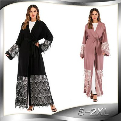 M-2XL Size Muslim Sequins Mesh Nida UAE Stitching Loose with Belt Abaya Vest Long Cardigan Robe Jubah Ramadan Arabic Islamic Kaftan Clothing