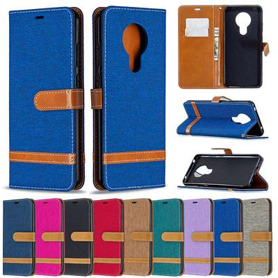 Color Block Denim Cloth All-round Protection PU Leather Phone Protective Case with Card Slots&Stand for Nokia 5.3