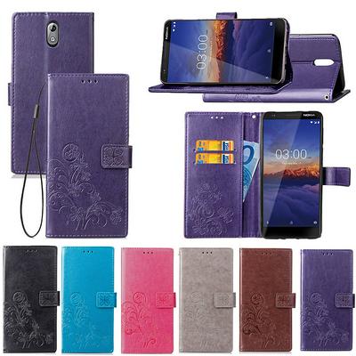 Embossed Lucky Four-Leaf Clover Pattern Shockproof Anti-Scratch PU Leather + Soft TPU Card Slot with Hand Rope Magnetic Buckle and Stand Wallet Case for Nokia 3.1
