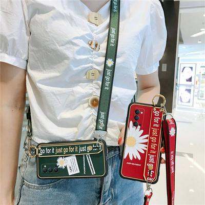 Embossed Cloth Chrysanthemum Pattern with Kickstand and Detachable Cross Body Strap Shockproof Soft TPU Back Cover Case for Oppo Reno4 5G