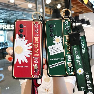 Embossed Cloth Chrysanthemum Pattern with Kickstand and Detachable Strap Shockproof Soft TPU Back Cover Case for Oppo Reno4 5G