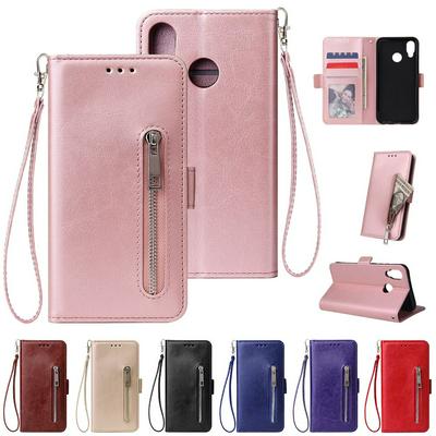 Leather Wallet Case for HUAWEI P20 lite 2019, Plain Zipper Phone Cover with Wrist Strap