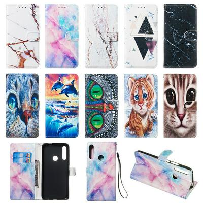 Colored Cat Tiger Owl Dolphin Pattern PU Leather + Soft TPU Card Slots with Stand Wallet Protective Case for Huawei P Smart Z