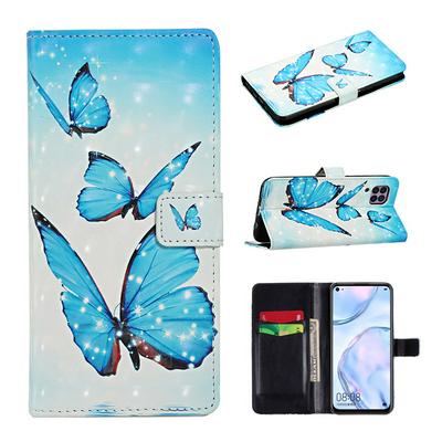 3D Relief Color Painting Side Flip Shockproof PU Leather Wallet Phone Protective Case with Stand and Card Slots for HUAWEI P40 Lite