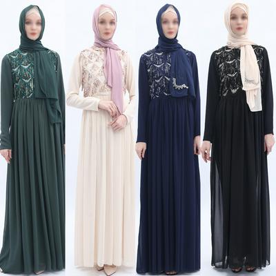 Muslim Islamic Abaya Dress with Sequins on the Upper Part Shiny Pleated Chiffon Long Dress for Women