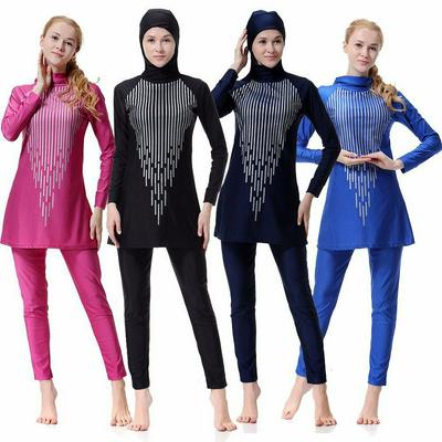 H1003 Casual Full Coverage Conservative Long Sleeves Hat Connected Top Lady Traditional Islamic Pakaian Muslim Swimwear Swimsuit 2-Piece Set