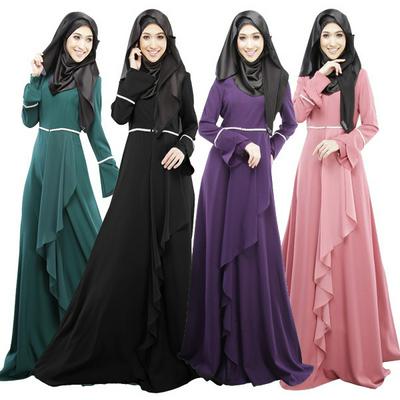 2019 New Muslim Long Skirt Malay National Costume Solid Color Stitching Ribbon Ruffled Sress Slim Slimming Temperament Dress for Female's Long Dress