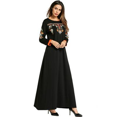 M-2XL Size Ethnic Style Embroidery Flower O-Neck Long-Sleeve Muslim Abaya Maxi Dress Long Robe Gowns Loose Style Jubah Ramadan Middle East Islamic Clothing